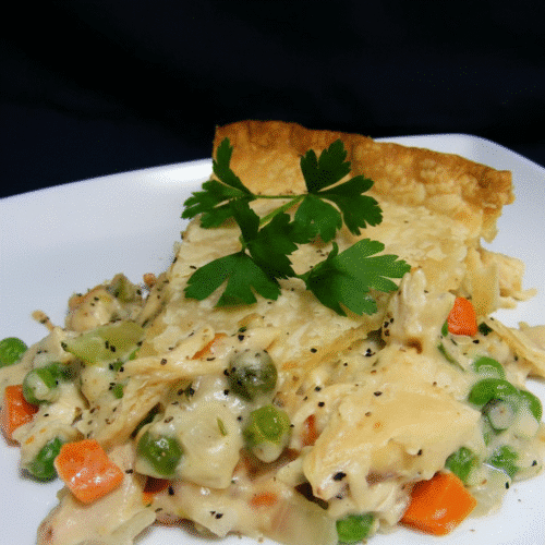 Delicious classic chicken pot pie pasta served in a bowl with herbs recipe card