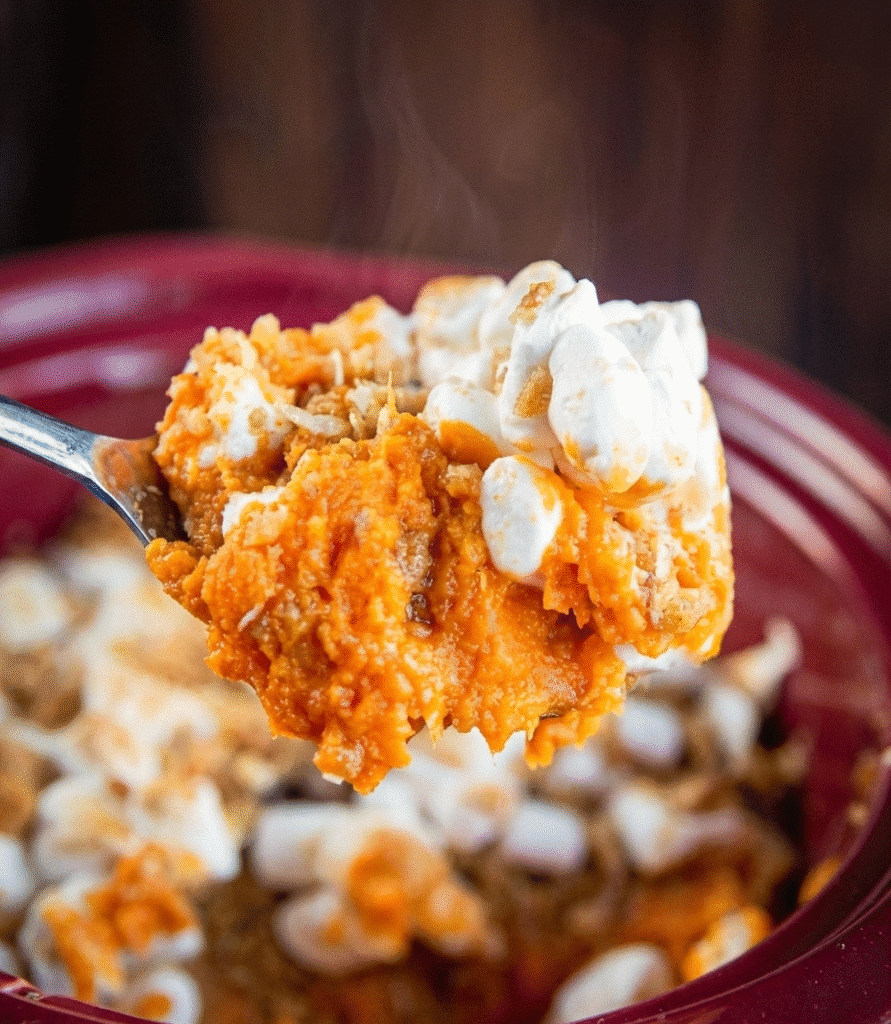 A white baking dish filled with creamy Sweet Potato Casserole topped with toasted marshmallows and crunchy pecans.