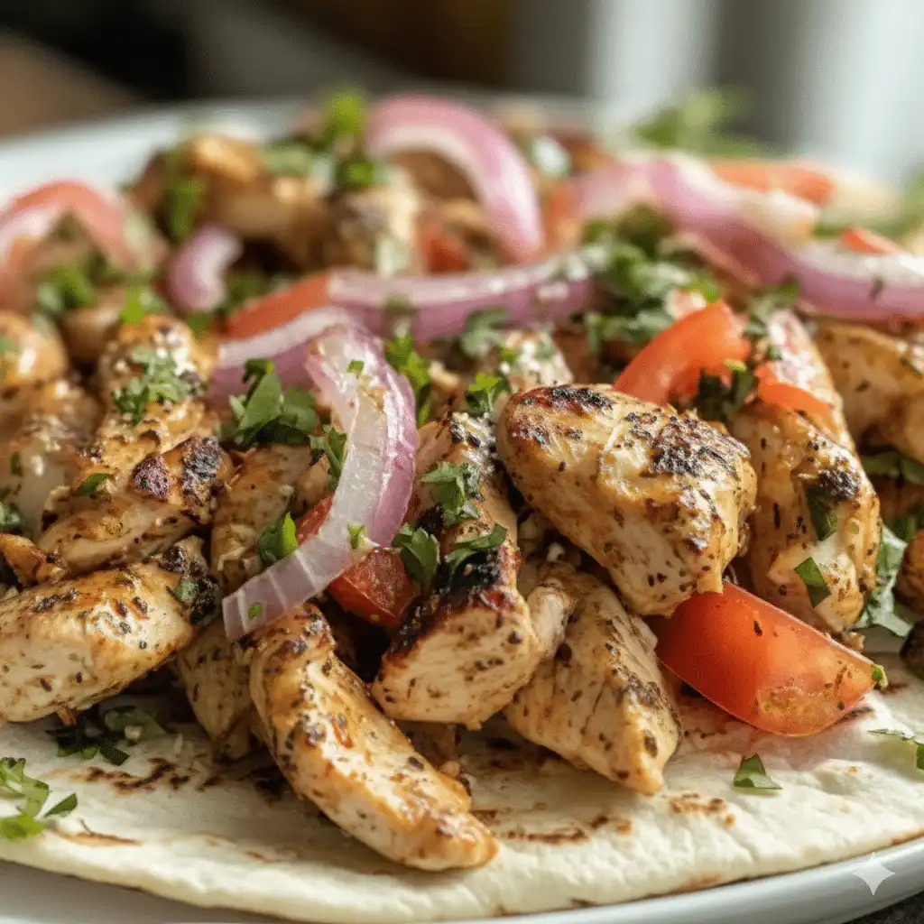 Sheet pan chicken pitas with herby ranch served on a wooden table....