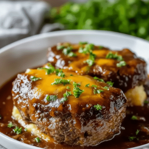 Homemade Amish Hamburger Steak Bake served in a rustic dish