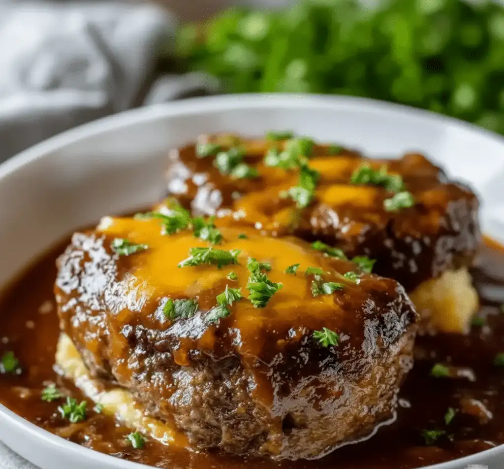 Homemade Amish Hamburger Steak Bake served in a rustic dish