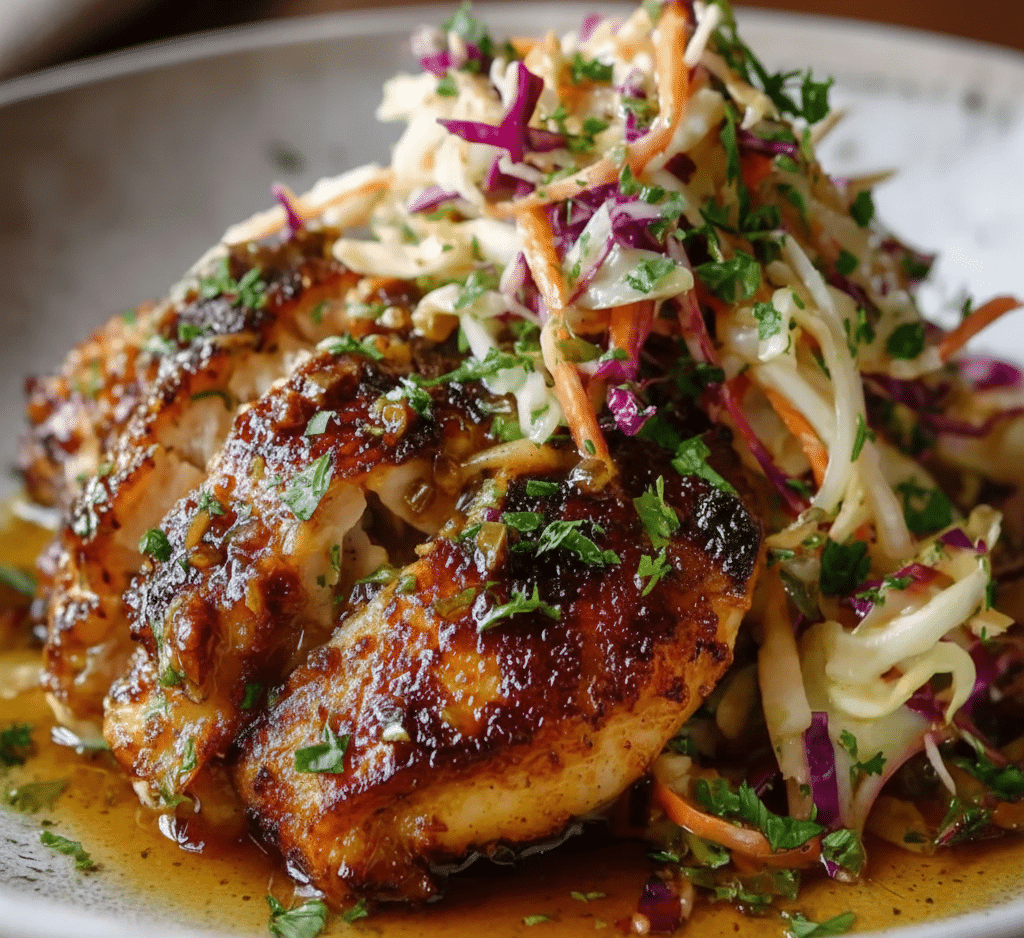 Sticky Apple Cider Glazed Chicken served with a side of crunchy, colorful Autumn Slaw featuring cabbage and apple slices.