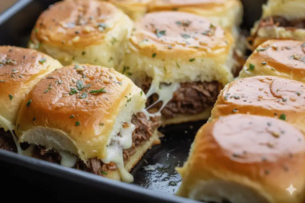 Savory French Dip sliders served on a platter with au jus for dipping. serving
