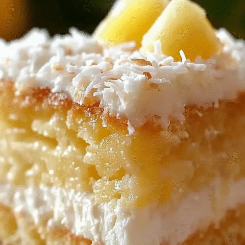 Slice of Pineapple Coconut Dream Cake with tropical fruits on top recipe card