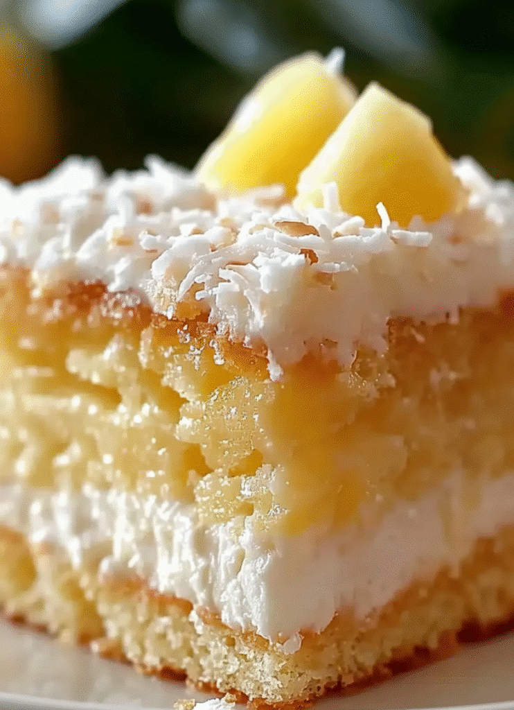 Slice of Pineapple Coconut Dream Cake with tropical fruits on top recipe card
