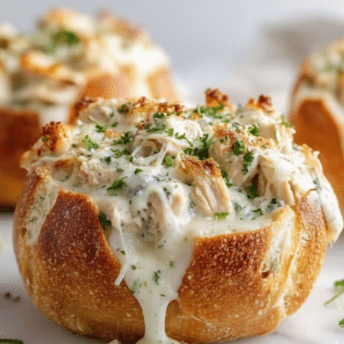 Delicious Chicken Alfredo served in garlic bread bowls