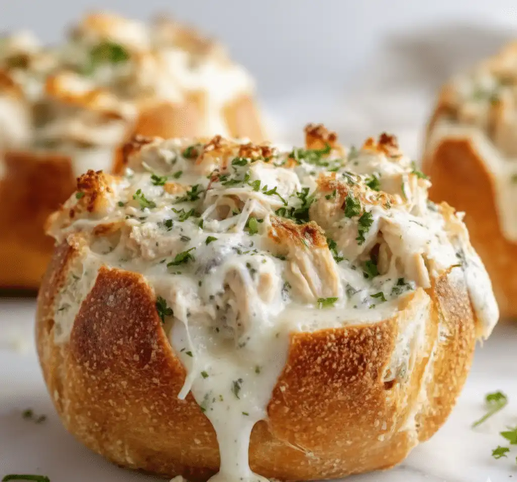 Delicious Chicken Alfredo served in garlic bread bowls