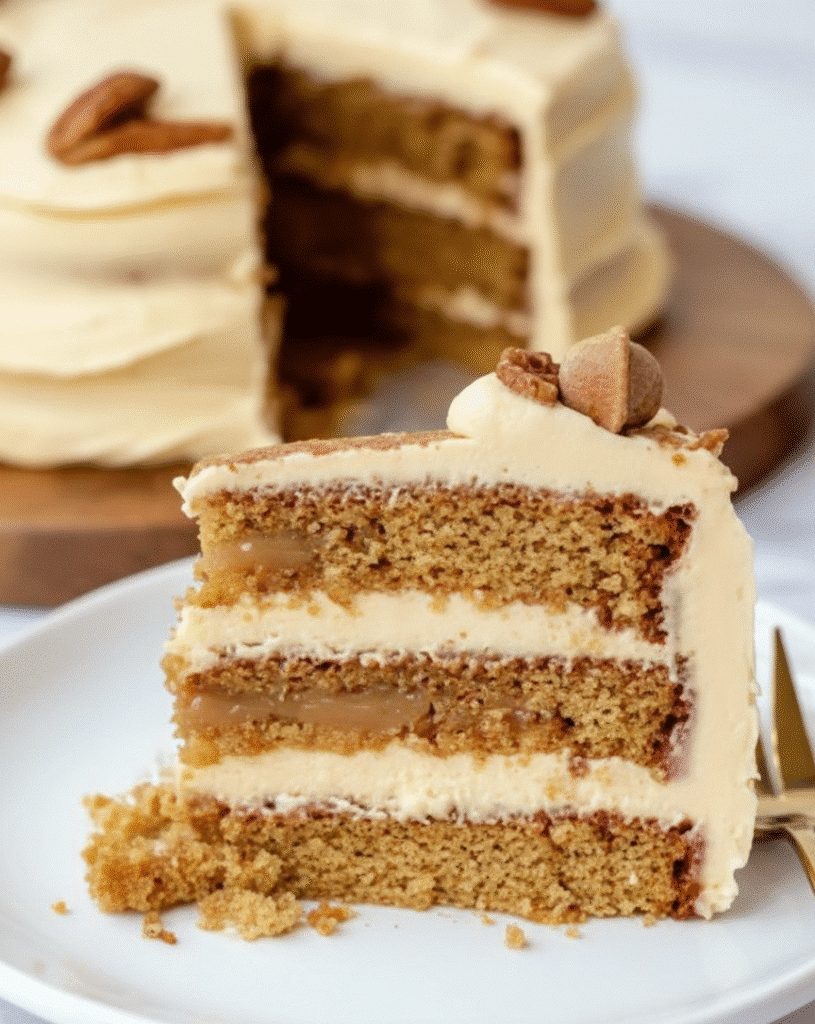 Delicious Butter Pecan Cake topped with pecans and creamy frosting. serving
