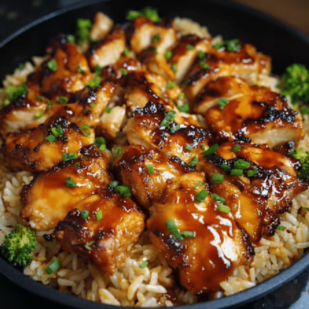 Delicious Honey BBQ Chicken served over rice, featuring sweet tangy sauce and herbs. servi,g