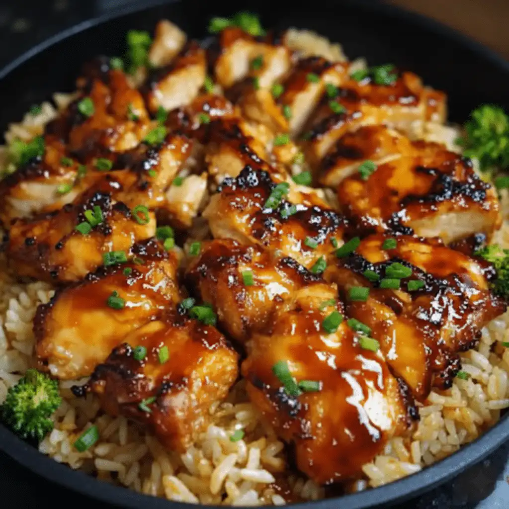 Delicious Honey BBQ Chicken served over rice, featuring sweet tangy sauce and herbs. servi,g