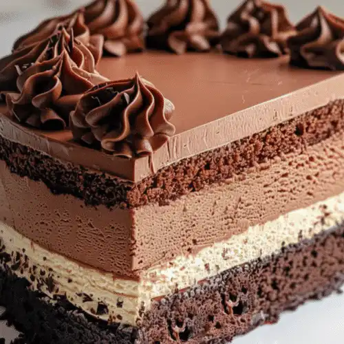 Delicious Tuxedo Cake layered with triple chocolate mousse for chocolate enthusiasts recipe card