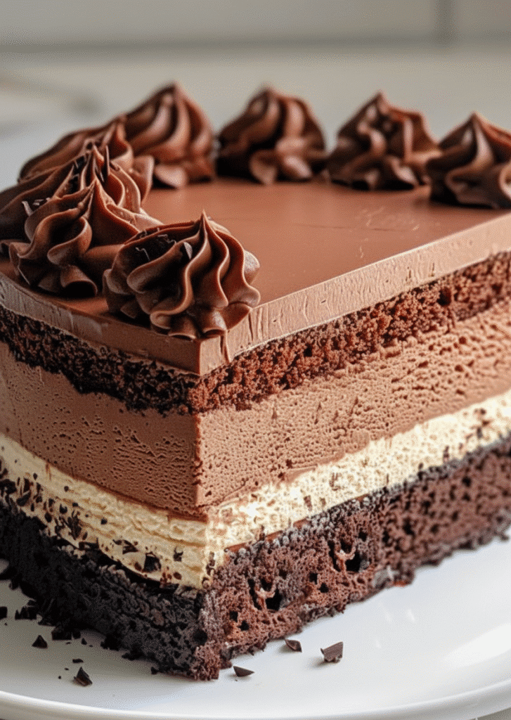 Delicious Tuxedo Cake layered with triple chocolate mousse for chocolate enthusiasts recipe card