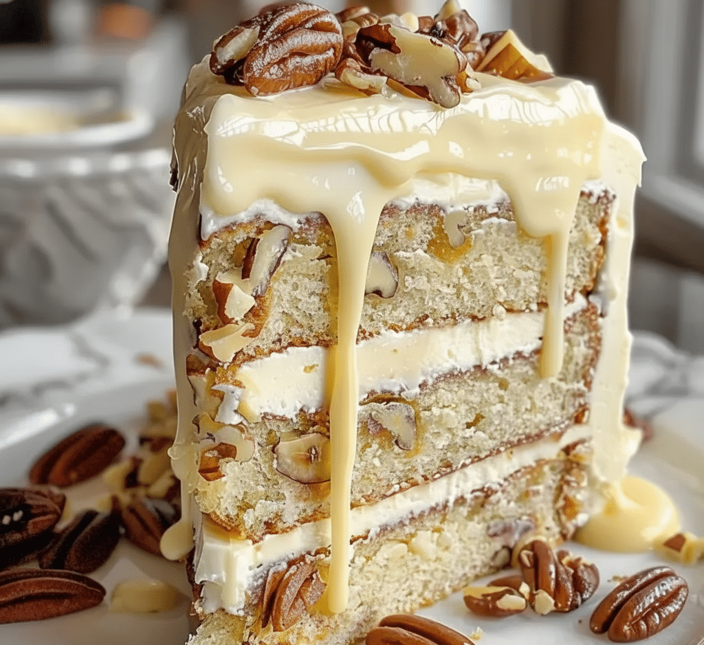 Delicious Butter Pecan Cake topped with pecans and creamy frosting.