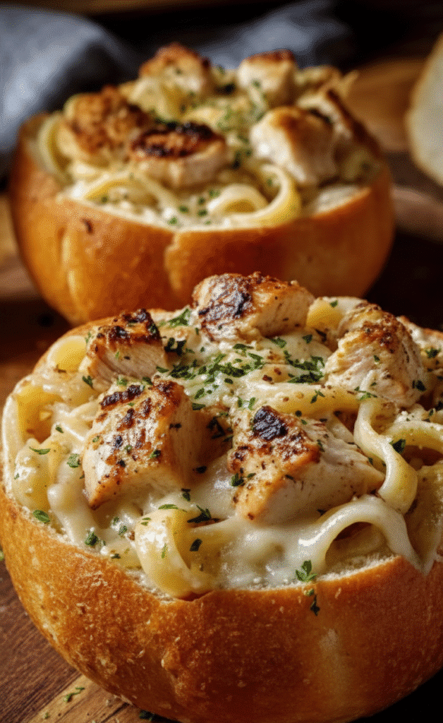 Delicious Chicken Alfredo served in garlic bread bowls ingr