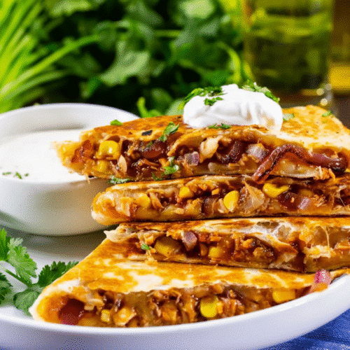 Delicious BBQ Chicken Quesadillas served with salsa and garnished with herbs recipe card