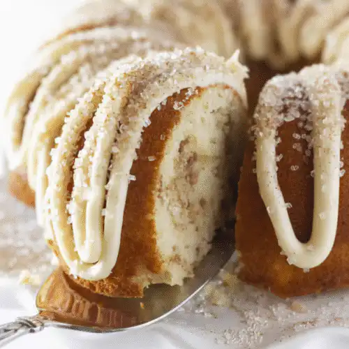 Delicious snickerdoodle Bundt cake with cinnamon and sugar topping recipe card