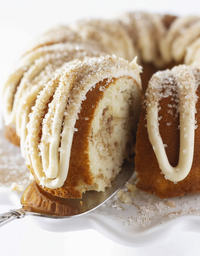 Delicious snickerdoodle Bundt cake with cinnamon and sugar topping recipe card