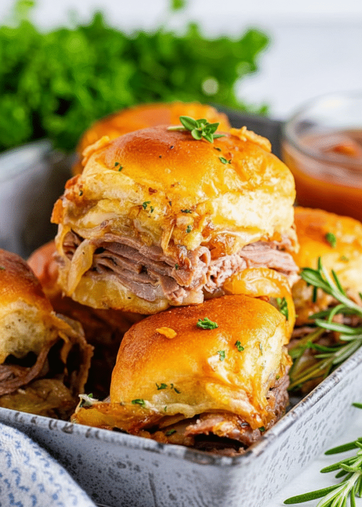 French Dip Sliders 3 Savory French Dip sliders served on a platter with au jus for dipping.