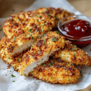 Plate of homemade baked chicken tenders served with dipping sauce.