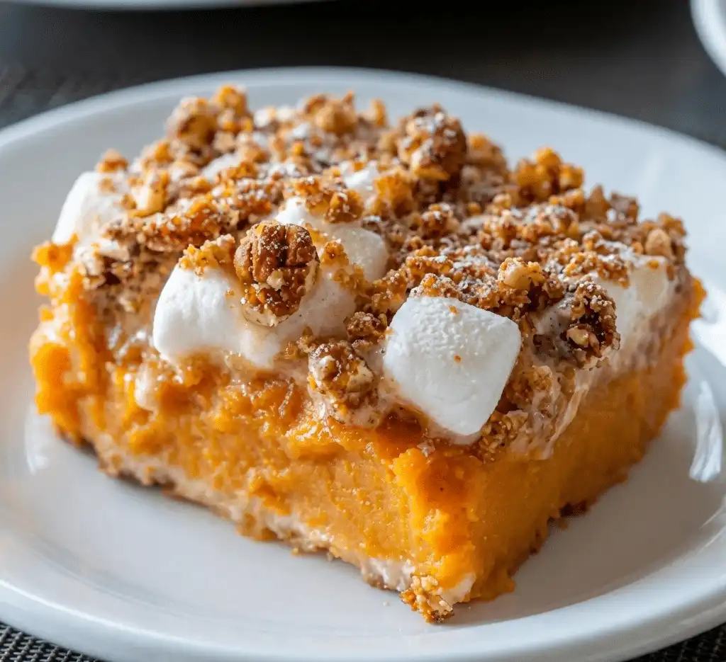 A white baking dish filled with creamy Sweet Potato Casserole topped with toasted marshmallows and crunchy pecans.