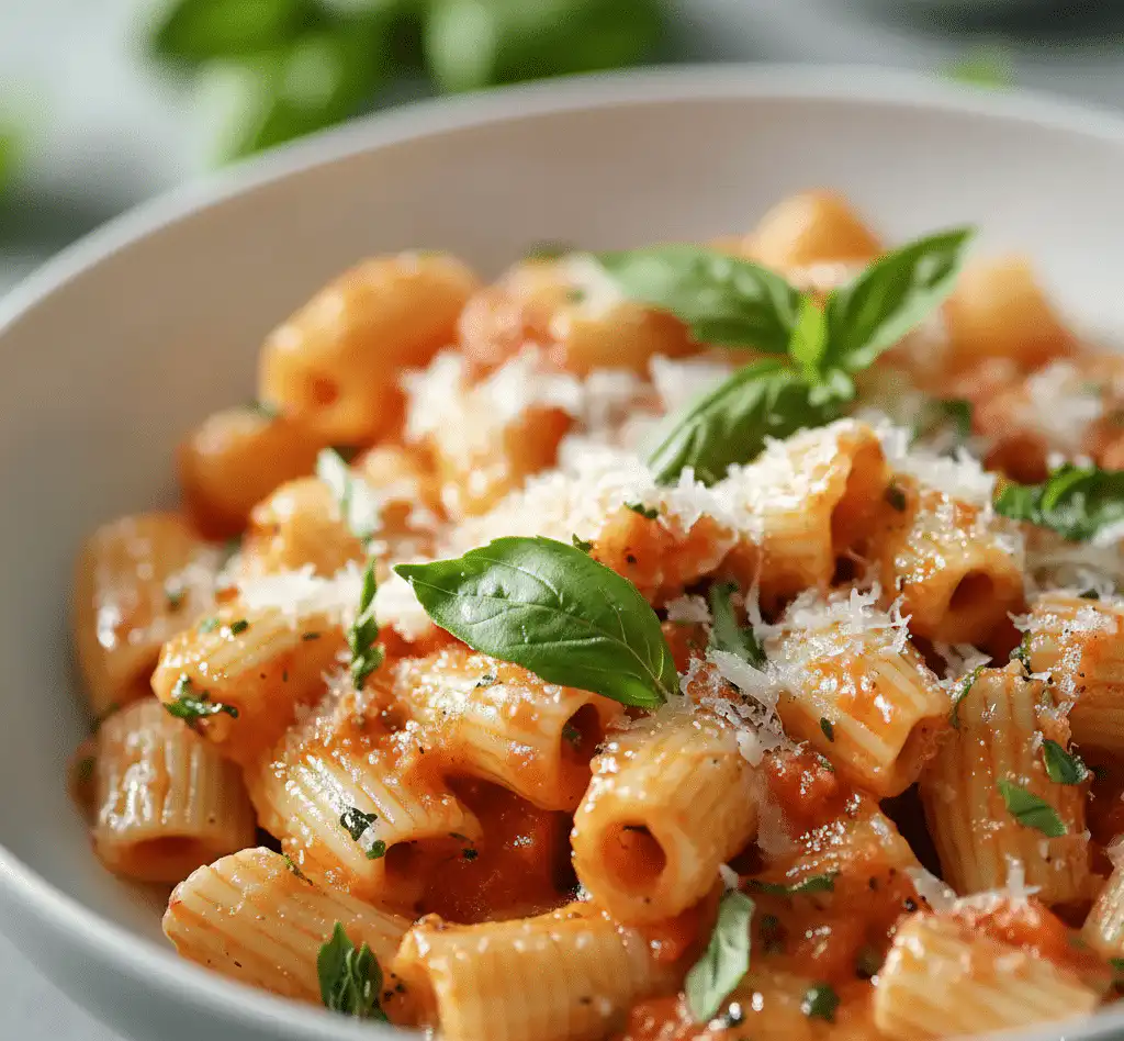 Creamy Tomato Garlic Pasta Italian sausage rigatoni in a savory sauce garnished with parsley serving