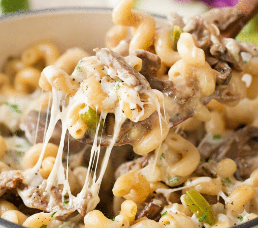 Delicious Philly Cheese Steak Pasta topped with melted cheese and peppers