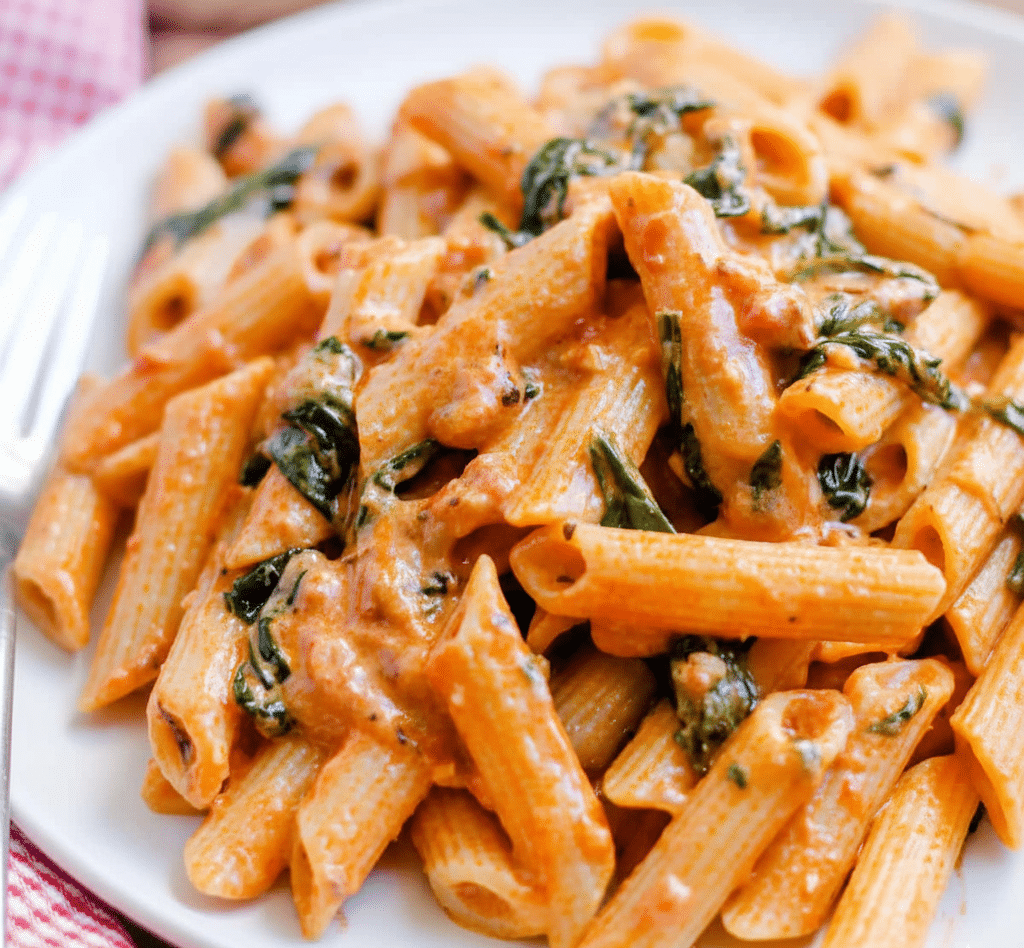Creamy Italian sausage rigatoni in a savory sauce garnished with parsley