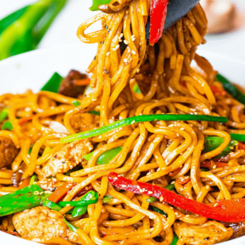 Delicious Chicken Lo Mein with colorful vegetables and noodles