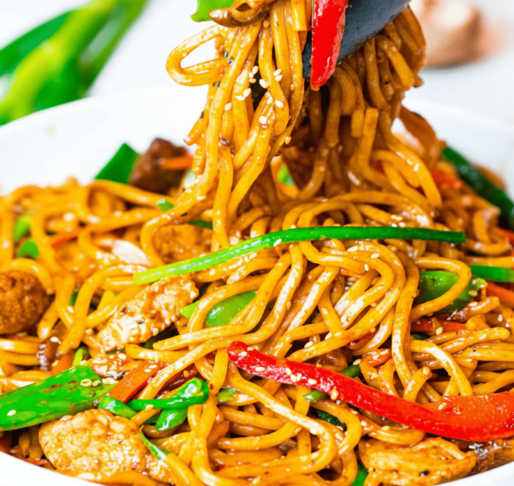 Delicious Chicken Lo Mein with colorful vegetables and noodles