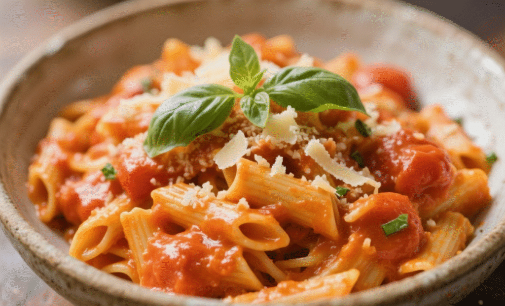 Creamy Italian sausage rigatoni in a savory sauce garnished with parsley recipe card