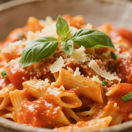 Creamy Italian sausage rigatoni in a savory sauce garnished with parsley recipe card
