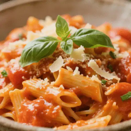 Creamy Italian sausage rigatoni in a savory sauce garnished with parsley recipe card
