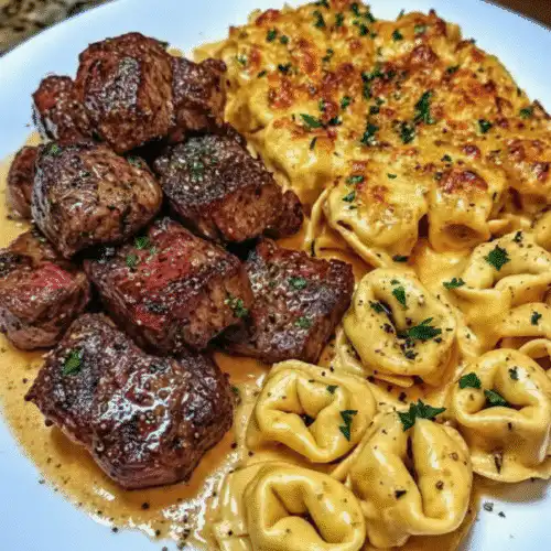 Cracked Garlic Steak Tortellini served in creamy sauce on a plate