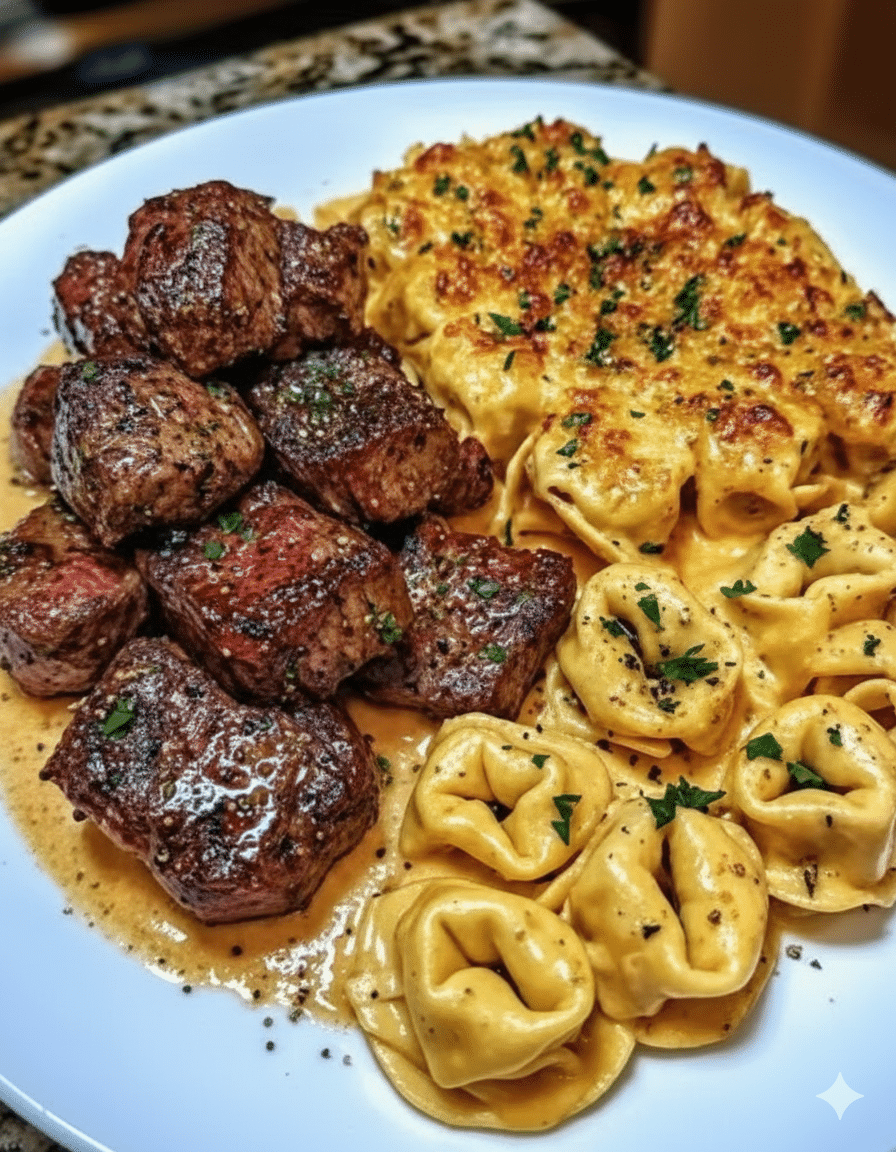 Cracked Garlic Steak Tortellini served in creamy sauce on a plate