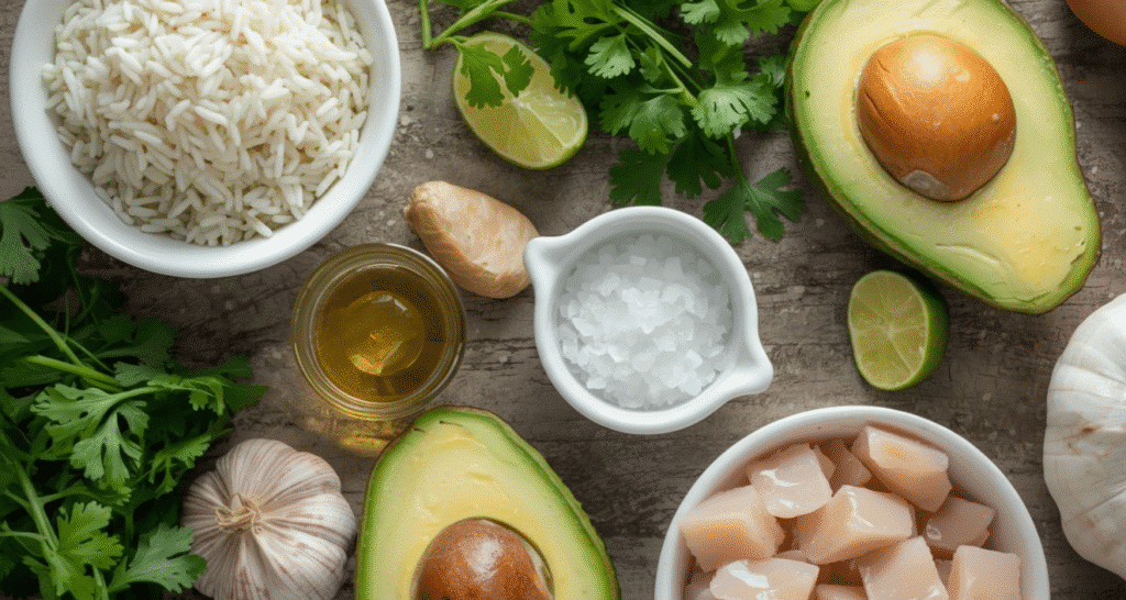 Stack of honey lime chicken, avocado, and rice topped with cilantro and a lime wedge. ingridients