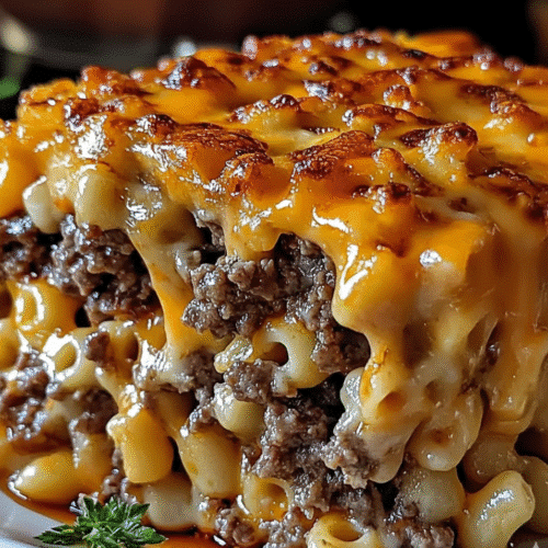 Delicious Mac and Cheese Meatloaf Casserole served in a baking dish recipe card
