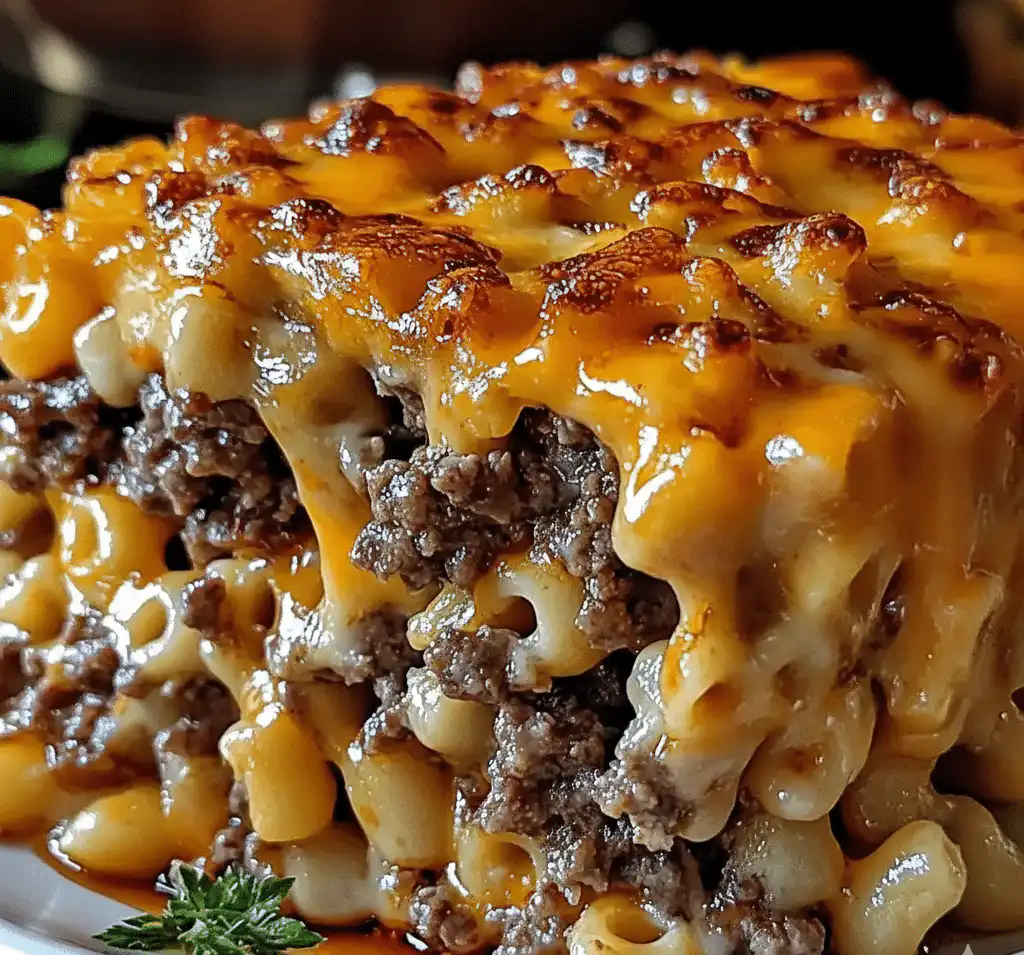 Delicious Mac and Cheese Meatloaf Casserole served in a baking dish recipe card