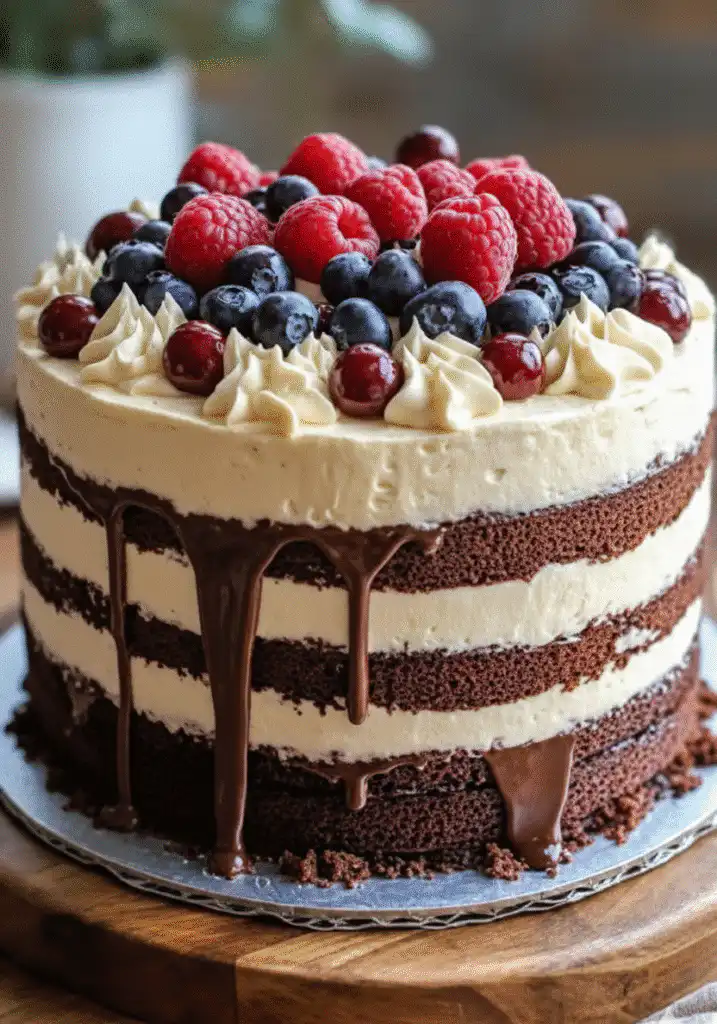 Delicious Tuxedo Cake layered with triple chocolate mousse for chocolate enthusiasts