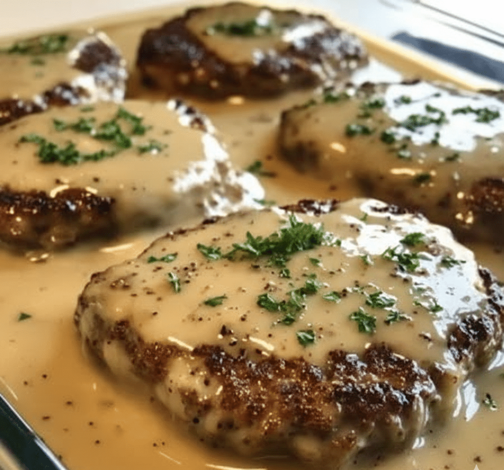 Homemade Amish Hamburger Steak Bake served in a rustic dish serving