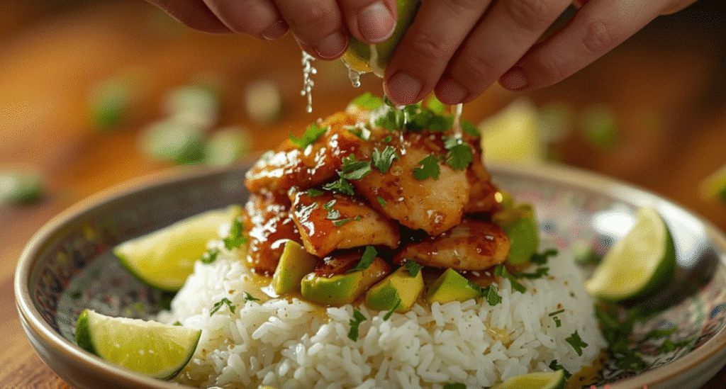 Stack of honey lime chicken, avocado, and rice topped with cilantro and a lime wedge.