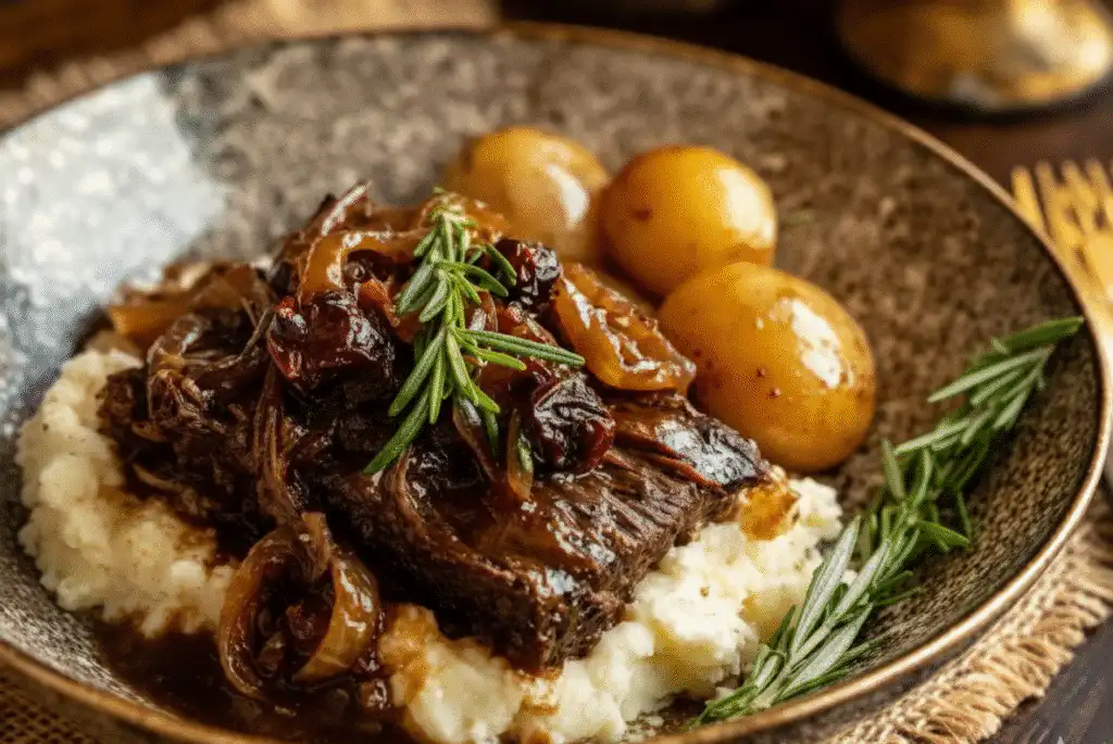 Delicious French onion pot roast served with herbs and a side of vegetables. recipe card