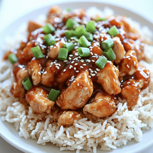 Delicious Honey BBQ Chicken served over rice, featuring sweet tangy sauce and herbs. recipe card