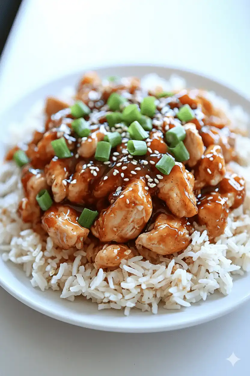 Delicious Honey BBQ Chicken served over rice, featuring sweet tangy sauce and herbs. recipe card