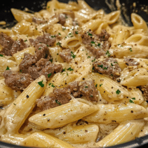 Delicious One Pot Creamy Garlic Pasta served in a bowl recipe card