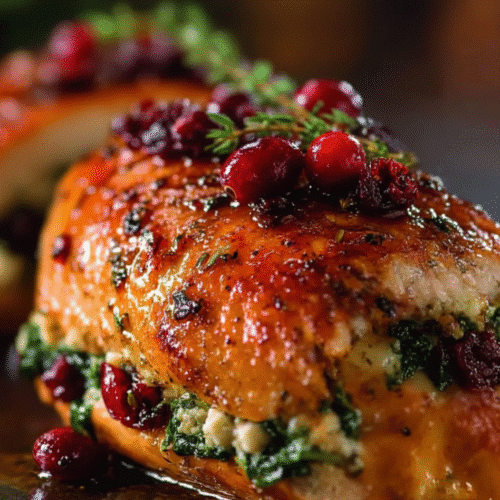 Sliced chicken breasts stuffed with sautéed green spinach and bright red cranberries on a white serving plate. recipe card