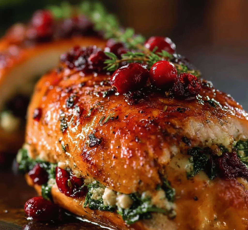 Sliced chicken breasts stuffed with sautéed green spinach and bright red cranberries on a white serving plate. recipe card
