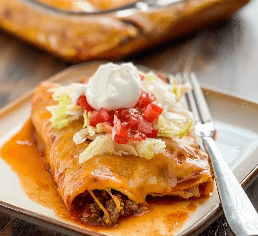 Plate of ground beef enchiladas topped with cheese and salsa