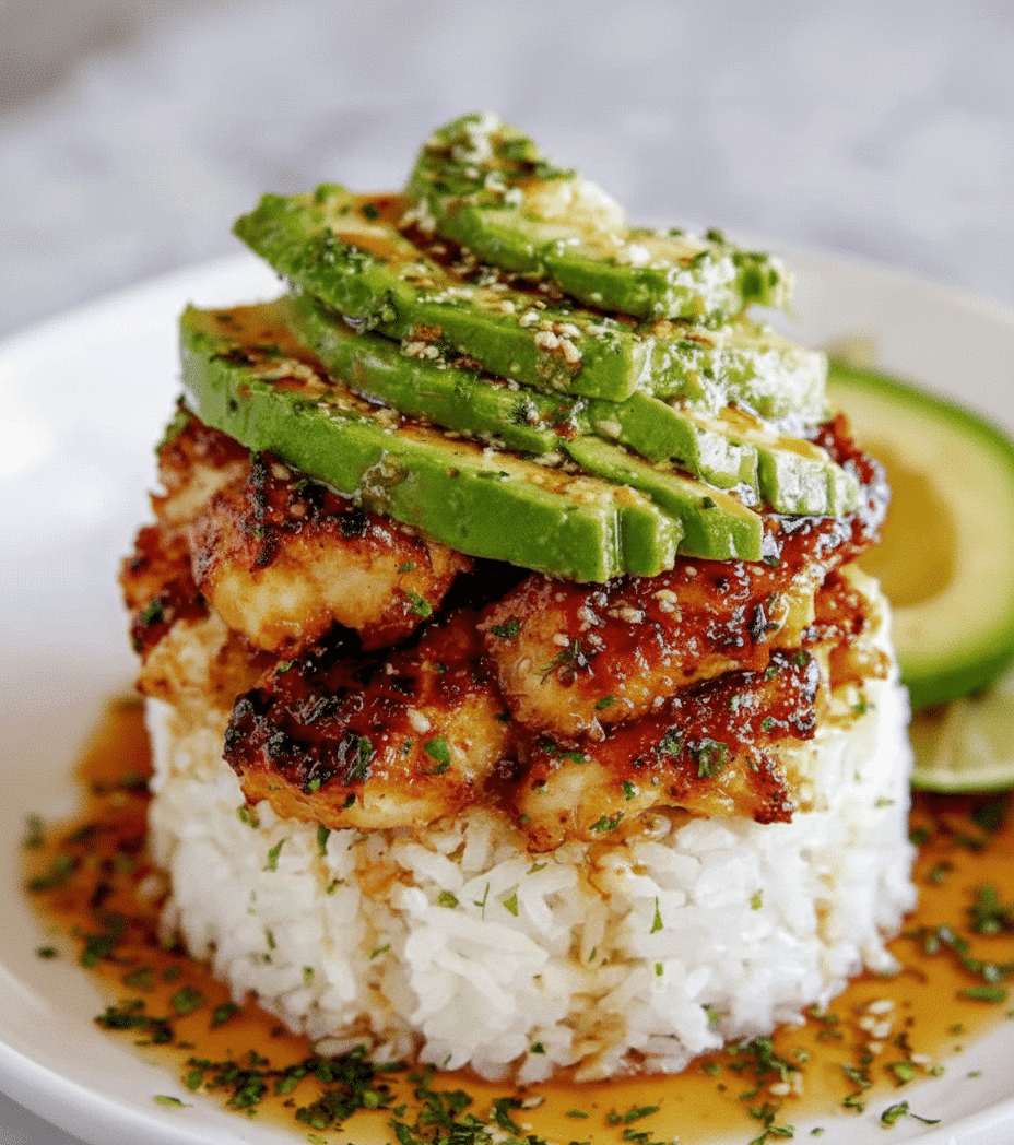 Stack of honey lime chicken, avocado, and rice topped with cilantro and a lime wedge. recipe card