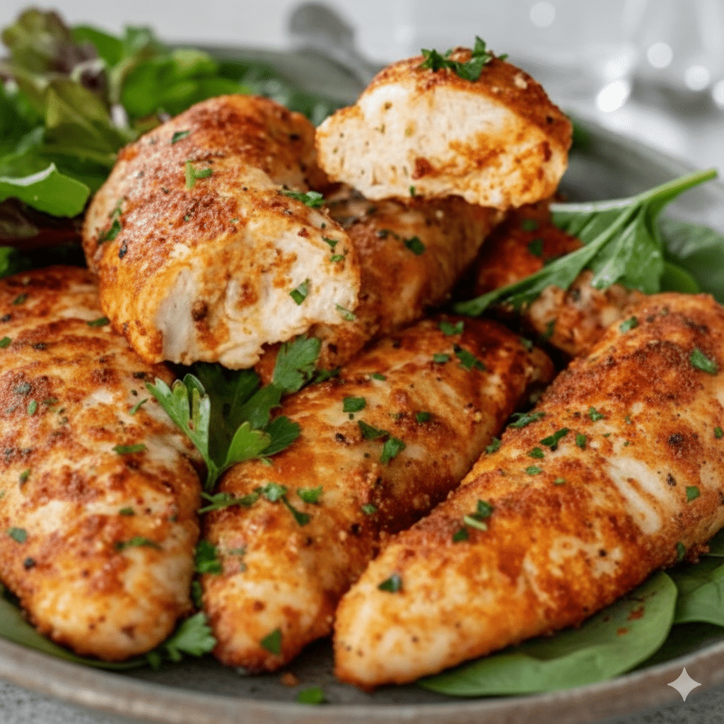 Plate of homemade baked chicken tenders served with dipping sauce. serving
