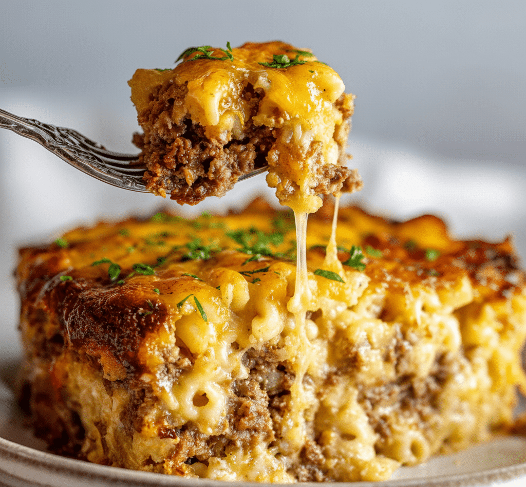 Delicious Mac and Cheese Meatloaf Casserole served in a baking dish serving